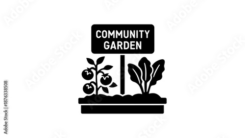 A black and white illustration of a community garden sign with plants