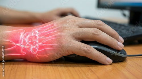 A person experiences wrist pain while continuously using a computer mouse.
