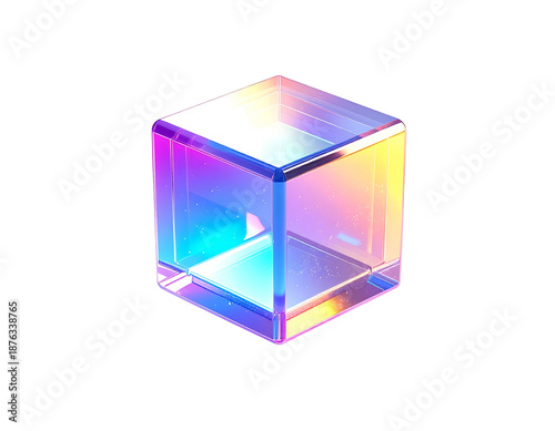 A glowing, iridescent cube, transparent against a black background