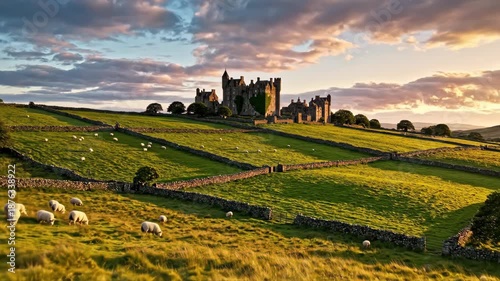 Ireland castle on a hill at sunset with grazing sheep. Medieval ruins in green pastures with stone walls. Irish heritage and St. Patrick's Day concept. Cinematic landscape footage