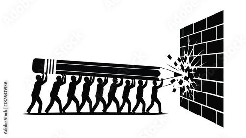 Silhouettes of people carrying giant pencil breaking through brick wall