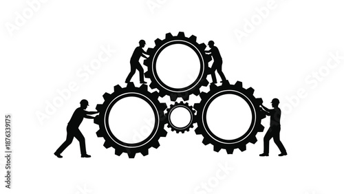 Teamwork concept with people working together to move large interconnected gears