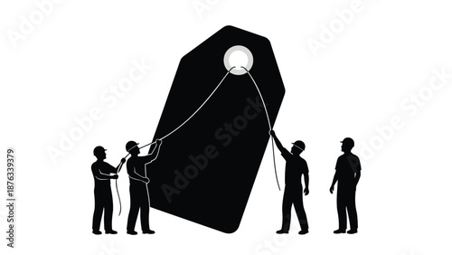 Four workers in silhouette pulling large black tag with ropes on white background