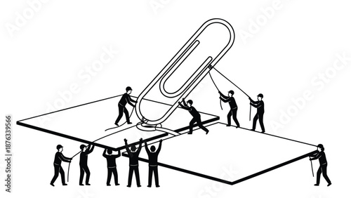 Teamwork concept with people working together to hold and move a giant paperclip on a sheet of paper