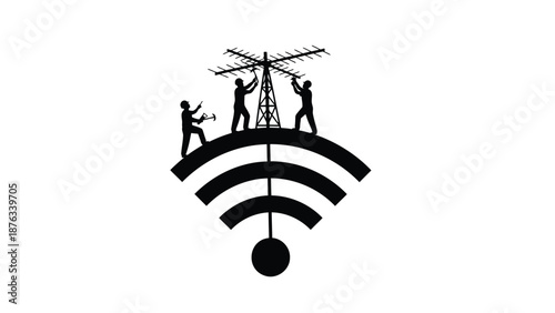 Workers installing antenna on wifi symbol representing internet connectivity and network setup