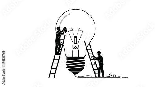 Two workers on ladders repairing a large light bulb with a white background