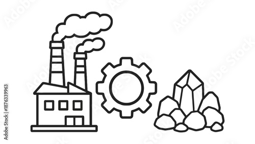 An illustration of industry and mining with a factory and rocks
