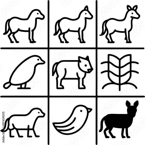 A grid of nine animal and plant icons in black and white