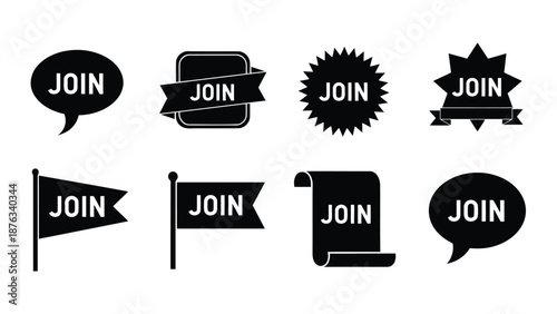 Black and white graphic elements displaying the word join in various shapes