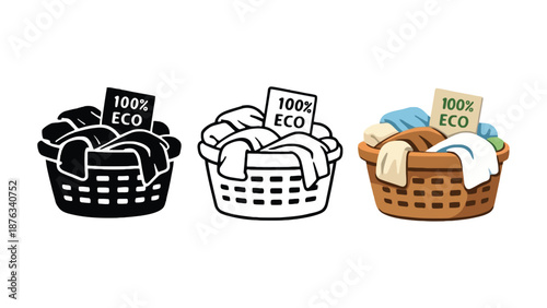 Three laundry baskets with eco-friendly labels on a white background