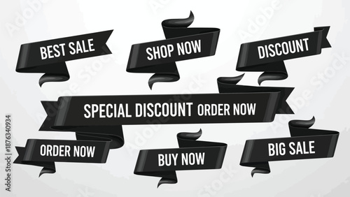 Collection of black ribbon banners with promotional text for sales and offers