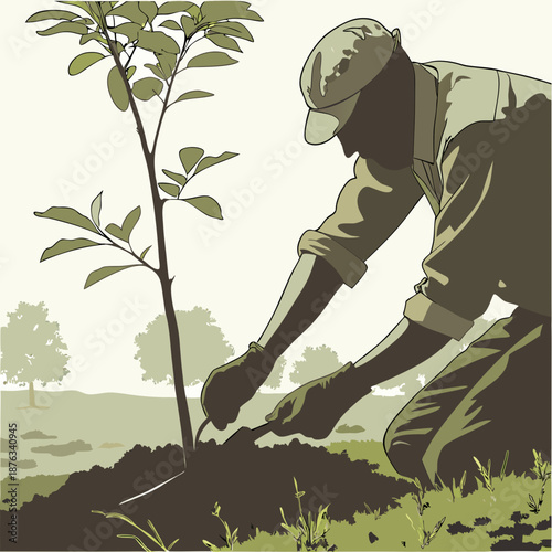Man planting a young tree in fertile soil outdoors.