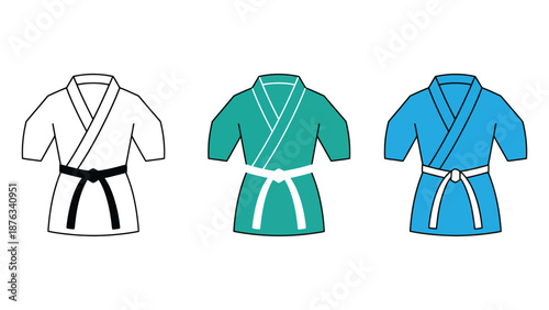 A colorful illustration of martial arts uniforms with different colored belts