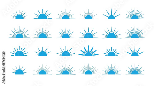A collection of blue sunburst icons in varying sizes and arrangements