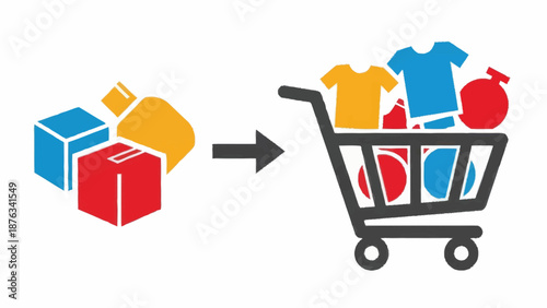 Colorful boxes and clothing items being transferred into a shopping cart.