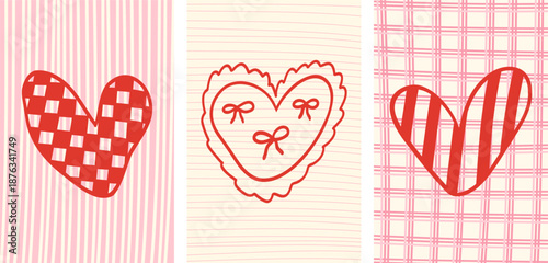 Creative concept of Valentine's Day card set with hearts shapes, bows, striped and checkered bg design. Modern abstract vector template for celebration, ads, branding, banner, cover, label, poster