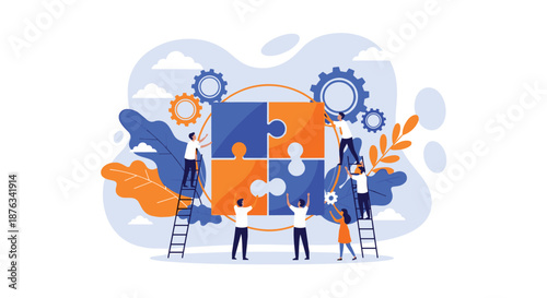 Group of workers using ladders to assemble a giant four-piece orange and blue puzzle surrounded by gears and clouds.