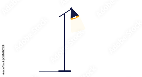 Modern minimalist floor lamp with a black stand and a shaded bulb casting a soft warm light downwards on a white background.