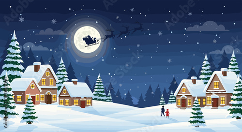 Enchanting night scene of Santa Claus flying in his reindeer sleigh over a snowy village under a large full moon.