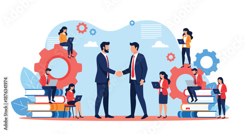 Successful business partnership represented by two men shaking hands surrounded by a dedicated team of employees.