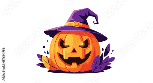 Spooky carved Halloween pumpkin jack o lantern wearing a purple witch hat with leaves at the base on white background.