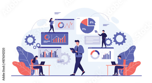 Collaborative business team analyzing and navigating various giant bar charts and pie graphs for strategic growth.