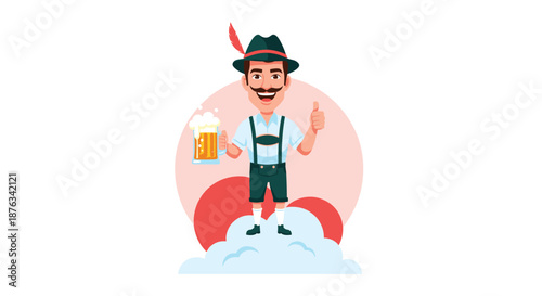 Happy Bavarian man in traditional lederhosen holding a large mug of beer with a thumbs up gesture in celebration.
