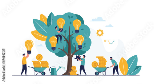Concept illustration of a team watering a growth tree to produce golden coins and glowing light bulbs as successful results.