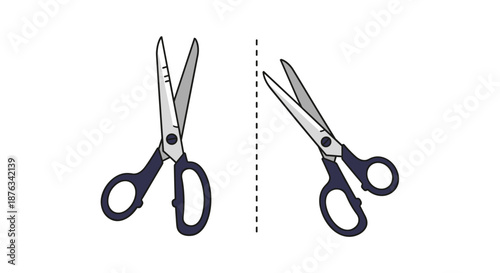 Pair of dark blue handled scissors shown in two different open positions separated by a vertical dashed dividing line.