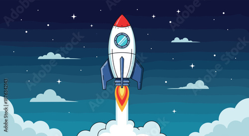 Cartoon rocket ship launching from a cloud of smoke into a starry night sky with fluffy clouds and twinkling stars.