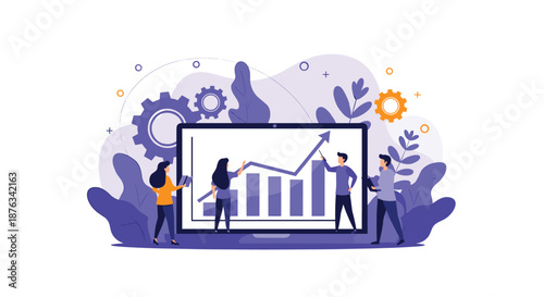 Group of business team members analyzing a rising growth chart on a large computer monitor in a purple themed workspace.