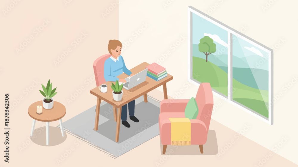 Fototapeta premium Man working on laptop at home office desk with plants and comfortable seating.