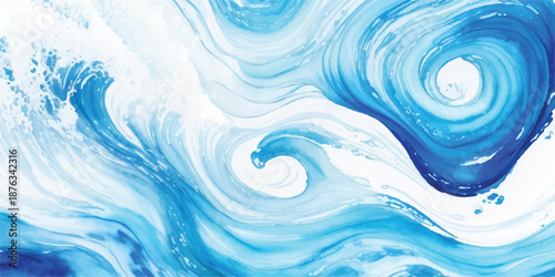 Ascending Ocean Swell Illustration in Blue Watercolor, Abstract Fluid Ink Motion for Summer Coast Theme