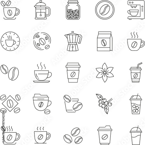 Coffee icon set featuring cups, beans, drinks, machines, mugs, barista tools, and café elements in modern line-art style