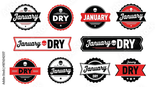 Collection of vintage style badges featuring the words january and dry
