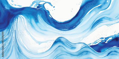 Dynamic Blue Ink Wave Splash with Droplets, Abstract Fluid Watercolor Art for Energetic Summer Designs