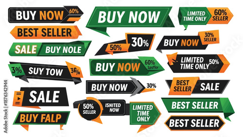 Colorful sale banners and promotional tags with buy now offers displayed