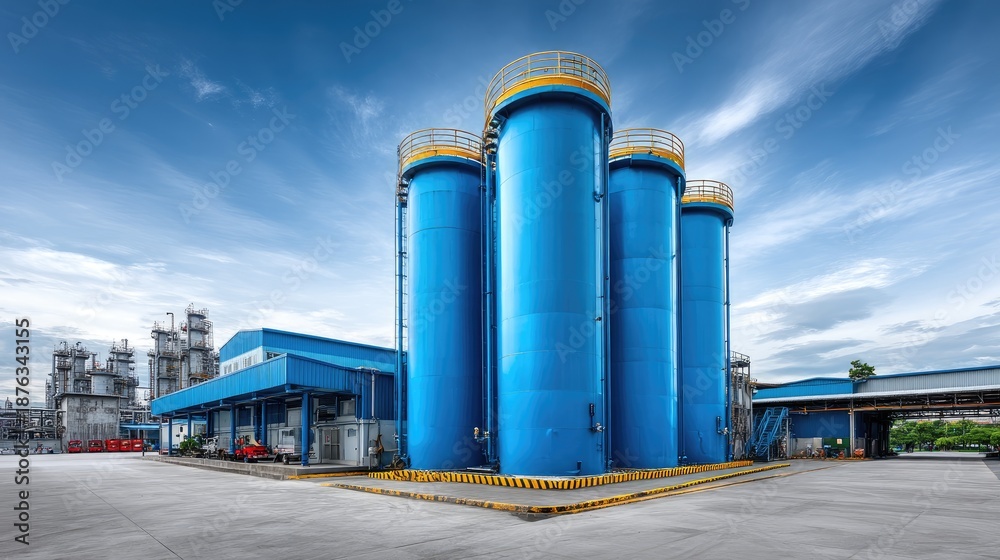 Obraz premium Industrial Storage Silos with Vibrant Blue Color Under Clear Sky at Modern Manufacturing Facility