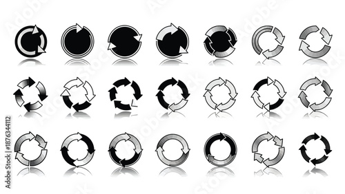 A collection of circular arrow icons in varying shades of gray and black