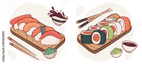 Draw  nigiri  sushi roll vector illustration. Japanese asian traditional  food, cooking, menu concept.  Doodle cartoon style.