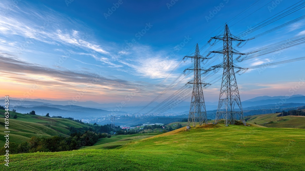 custom made wallpaper toronto digitalBeautiful landscape with high voltage power lines stretching across green hills under a dramatic sky at sunrise with soft clouds and distant city view