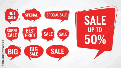 Collection of vibrant red sale and special offer signage for promotions