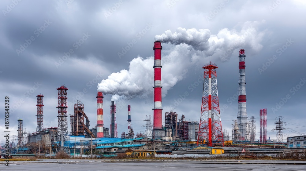 Obraz premium Industrial landscape with smokestacks releasing smoke against a cloudy sky showcasing energy production and environmental impact in an urban setting