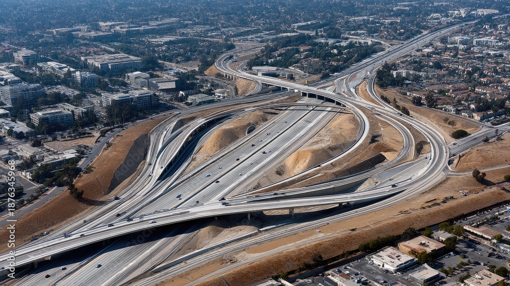 Obraz premium Aerial View of Complex Highway Interchange with Urban Background and Clear Sky in a Major City Landscape