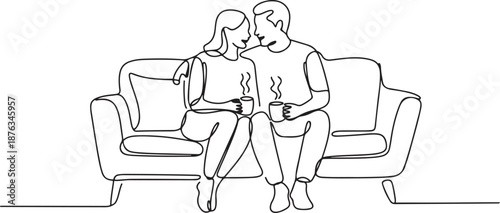 Single one line drawing happy couple sitting on the sofa, talking and drinking coffee. Man and woman have relaxing day off at living room. Romance and love concept. one line Icon drawing