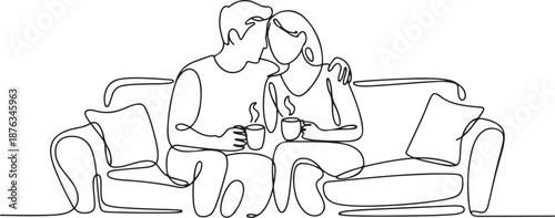 Single one line drawing happy couple sitting on the sofa, talking and drinking coffee. Man and woman have relaxing day off at living room. Romance and love concept. one line Icon drawing