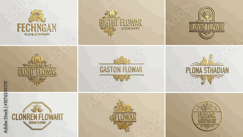 Elegant floral company logo designs in gold showcasing intricate details and typography