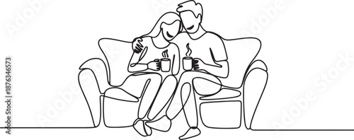 Single one line drawing happy couple sitting on the sofa, talking and drinking coffee. Man and woman have relaxing day off at living room. Romance and love concept. one line Icon drawing