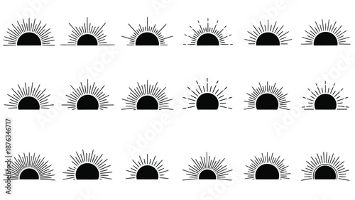 A repeating pattern of simple black and white sunburst or sunrise shapes