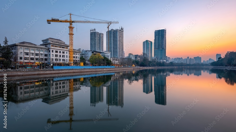 Naklejka premium Serene Urban Landscape at Dawn with Crane Reflections in Calm Water Surrounded by Modern Buildings and Soft Orange Sky